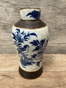 Antique Chinese Blue & White Crackle Glaze Bird Vase