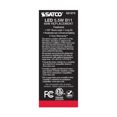 6 Pack Satco S21273 LED Filament 120V 5.5W 60W Torpedo B11 Candelabra E12 2700K - Picture 11 of 12