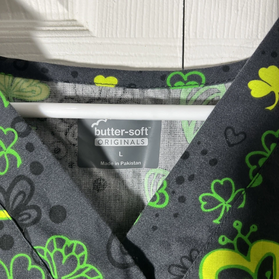 Butter-Soft Originals Ladies Bugs  & Clovers Pewter Women’s  Scrub Top - Image 2 of 4
