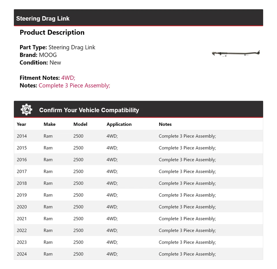 Para Ram 2500 2014-2024 4x4 dirección enlace de arrastre MOOG 2014 2015 2016 2017 2018 2019 Foto 2 de 4