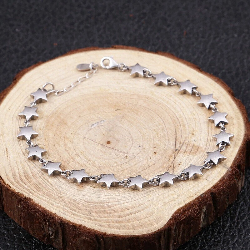 14K White Gold Plated Chain 7mm Five Star Link Engagement Women Bracelet 8 Inch - Image 2 of 4