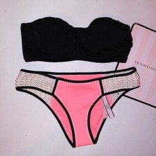 Victoria Secret Swim Bikini Top Bottom Black Orange Strapless Bandeau