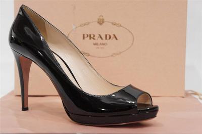 PRADA PEEP TOE PUMP BLACK PATENT HEELS CLASSIC SHOES NIB $650 