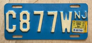 1993 NEW JERSEY BUFF ON BLUE MOTORCYCLE LICENSE PLATE " C 877 W " NJ 93