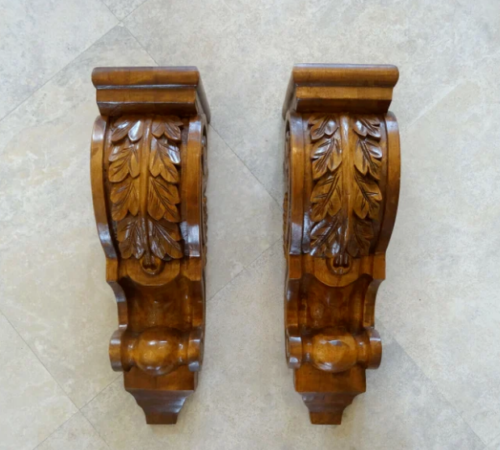 18''Vintage Style Hand Carved Wooden Corbels Wall Bracket Wall Hanging Pair Of 2 - Photo 1/8