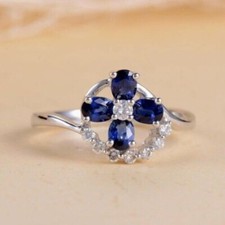 Women's Oval Lab Created Sapphire Elegant Flower Anniversary Ring 925 Silver
