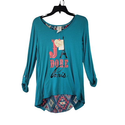 Self Esteem Womens Teal Tunic Top Roll Tab Sleeve Hi Low Hem Size Small NWT