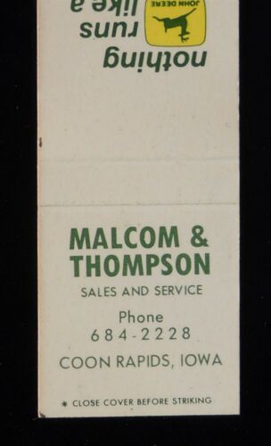 1970s Malcom & Thompson John Derre Farming Coon Rapids IA Carroll Co Matchbook - Photo 1 sur 2