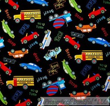 BonEful Fabric FQ Cotton Quilt Black Red Blue CAR Truck School Bus B&W Dot Print
