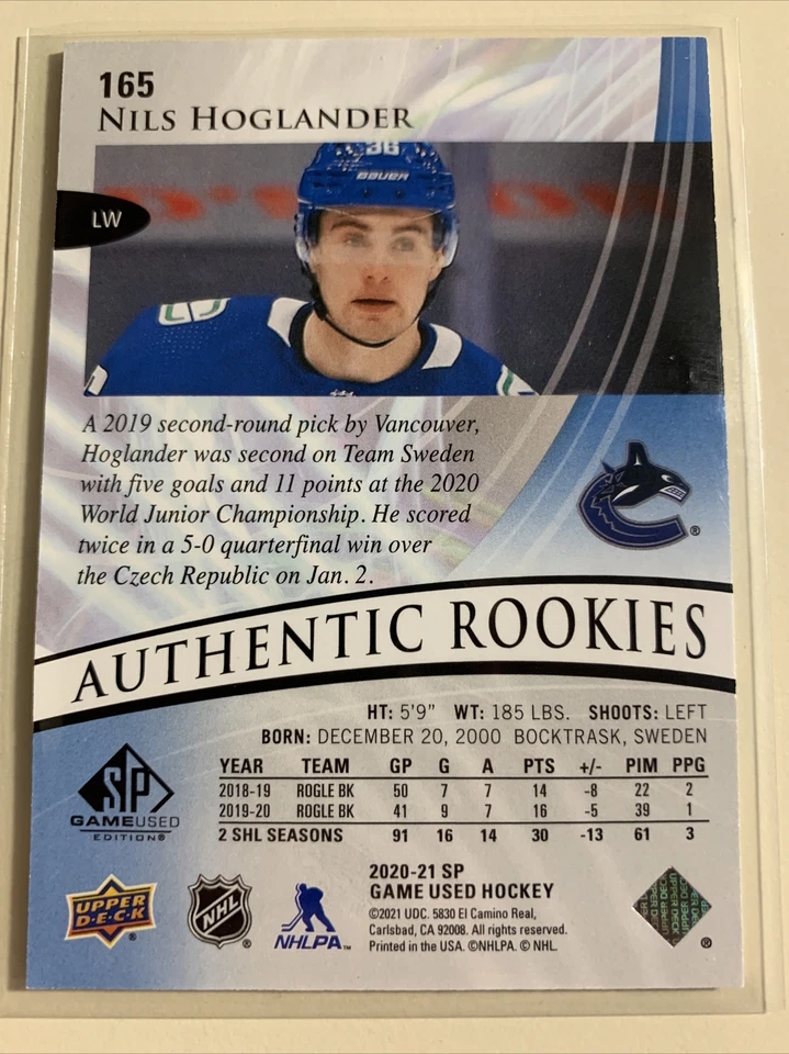 2020-21 SP GAME USED BLUE BURST ROOKIES NILS HOGLANDER RC 001/199 ALPHA CANUCKS - Image 2 of 2