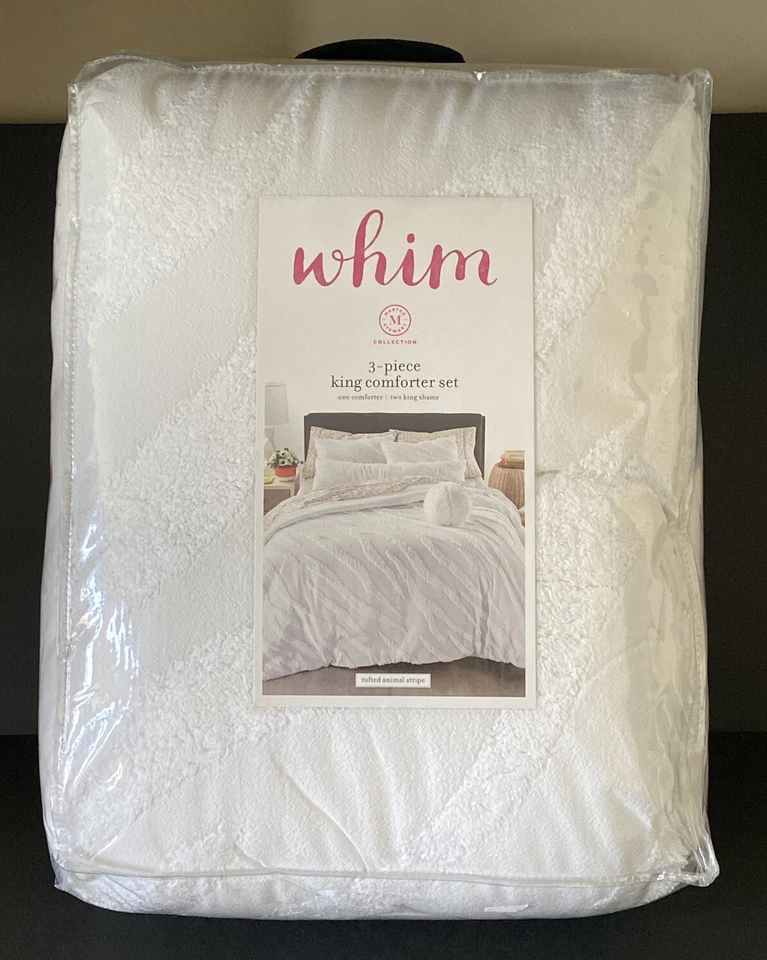 Martha Stewart Whim King 3 件套塔夫特动物条纹被子套装白色全新 — 第 2/4 张图片