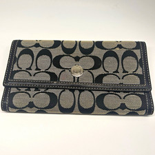 Coach Signature Logo Canvas  Leather Snap Bifold Wallet, Black/Beige