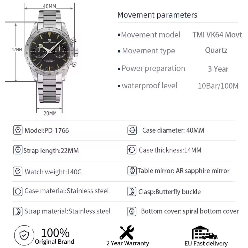 Pagani Design 1766 Orologio Uomo Vintage Cronografo - Movimento Al Quarzo Giapponese VK64, Cassa In Acciaio, Vetro Zaffiro, Impermeabile 100m