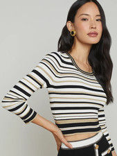 NEW Veronica Beard Yukio White Gold Striped Cropped Knit Sweater Sz L NWT 375