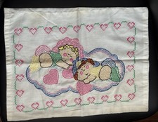 Vintage Baby Pillowcase Sweet Hearts Embroidery Cross Stitch Unisex Cotton