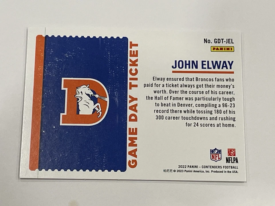2022 Contenders Football Game Day Ticket Emerald - John Elway - Denver Broncos - Image 2 of 2