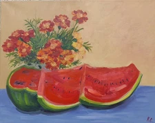 still life with watermelon and marigolds, original oil painting, red watermelon