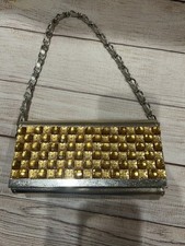 Amber Tone Metal Rhinestone Clutch Slim Evening Bag Vintage
