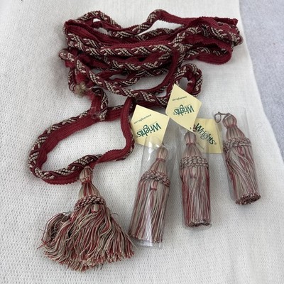 Vintage Set 4 Wrights Conso 4.5'' Tassel Fringe Trim Burgundy Gold Braid 5.2 Yds