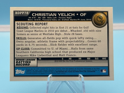 2010 Bowman Draft Picks & Prospects Christian Yelich #BDPP78 1. Bowman Karte - Bild 2 von 2
