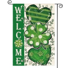St Patricks Day Garden Flag 12x18 Inch Double Sided Outside, Shamrocks Clovers H