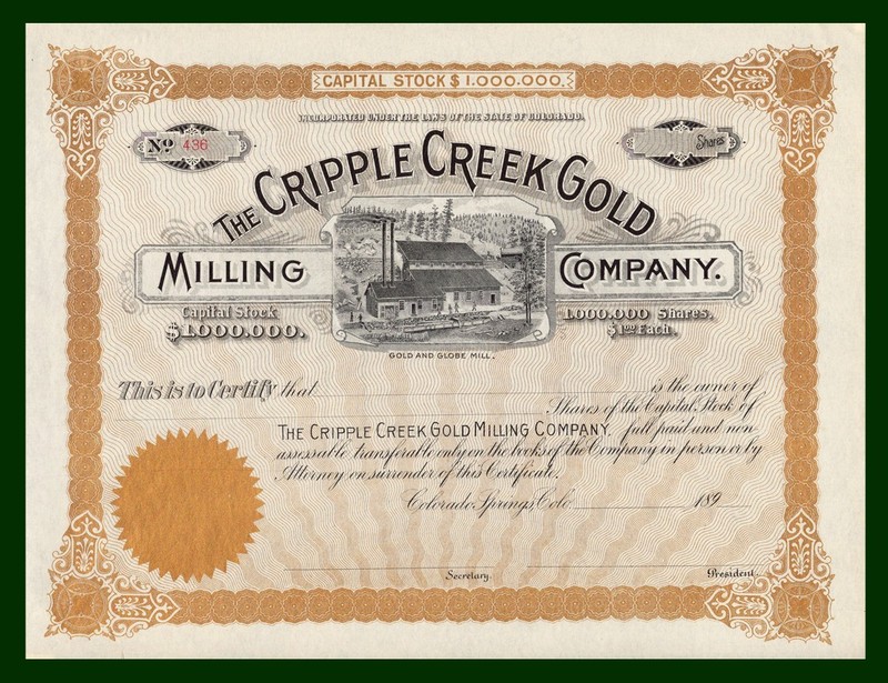 1890s COLORADO Cripple Creek Gold Milling Co Stock Certificate GOLD & GLOBE MILL