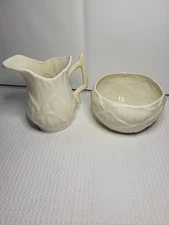 Belleek Ireland ERIN LILY Open Sugar Bowl and Creamer Set Green Mark