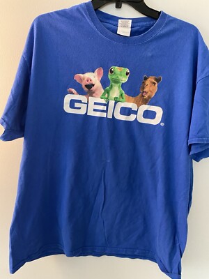 Vintage 2000s Geico Insurance Animal Mascots Graphic T Shirt Gecko Blue