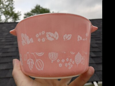 Vintage Pyrex Pink Gooseberry #473 Quart Casserole Dish RARE FACTORY  SMEAR