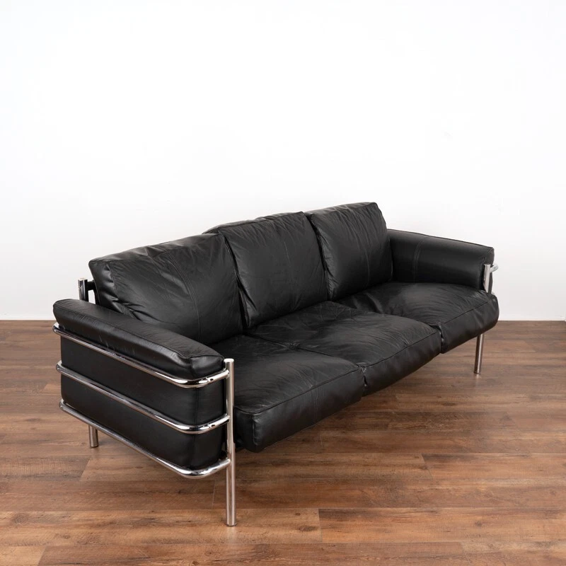 Black Leather Mid Century Three Seat