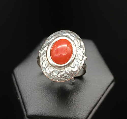 anello donna vero corallo rosso di Sardegna argento bianco 925 scudo cabochon - Foto 1 di 9