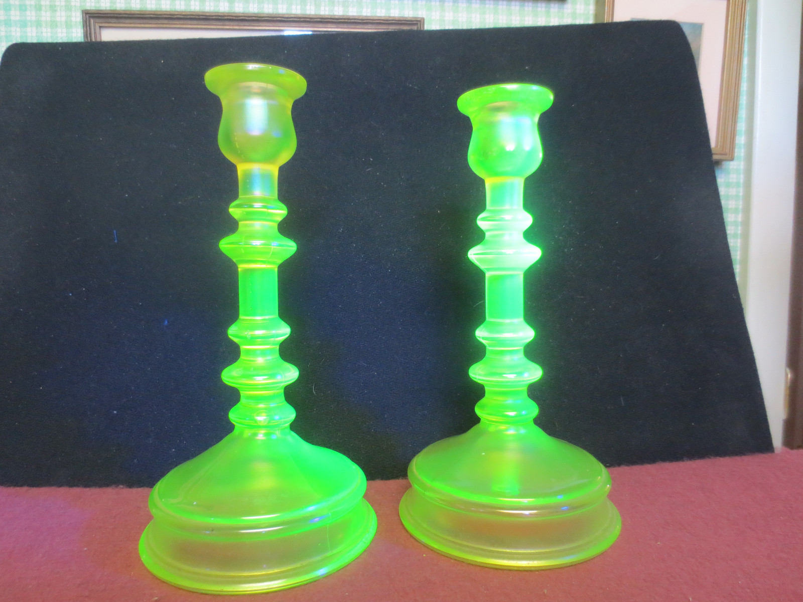SCARCE NORTHWOOD CANARY YELLOW VASELINE GLASS CANDLESTICKS 5 RING SPINDLE NICE eBay