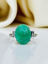 White Gold Cabochon Emerald and Diamond Ring