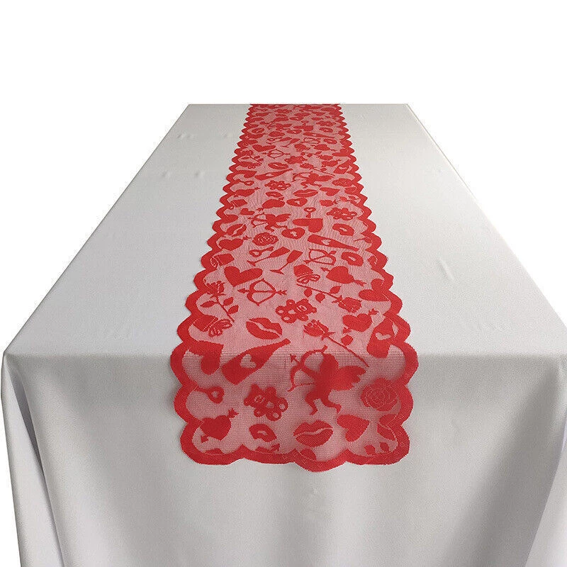 2pcs Vintage Red Heart Lace Table Runner Wedding Valentine's Day Decor 33x183cm - Image 3 of 4