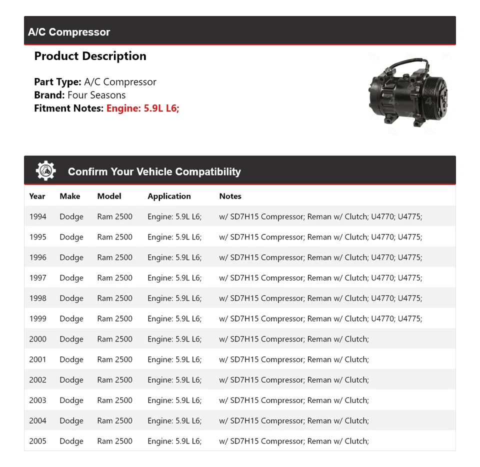 Compresor de aire acondicionado para Dodge Ram 2500 1994-2005 5,9 L L6 4 estaciones 1995 1996 1997 Foto 2 de 4