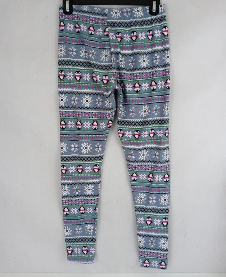 No Boundries Leggings Gray With Colorful Christmas Penguins & Snowflakes Size M - Image 2 of 4