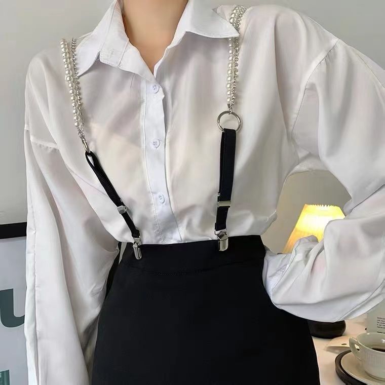 Women Pearl Chain Suspenders Belts Rhinestone Strap Shirt 
