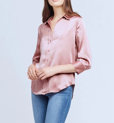 Camisa Blusa Top L'Agence Cuello en V Seda Color Sólido Manga Larga - Imagen 9 de 29