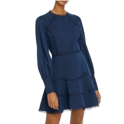 #ad Aqua Womens XS Navy Blue Crochet Trim Long Sleeve Fit Flare Dress NWT D14 $19.60