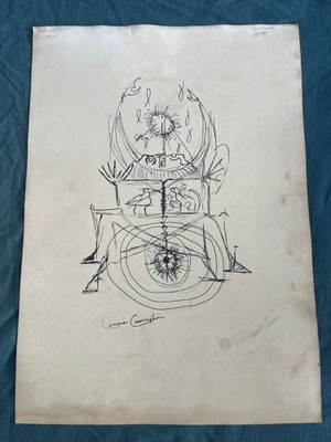LEONORA CARRINGTON drawing and painting on old paper signed stamped vintage