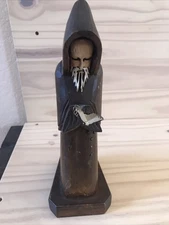Vintage Monk Statue Hand Carved Detailed Wood Priest Figure Reading Book Bible