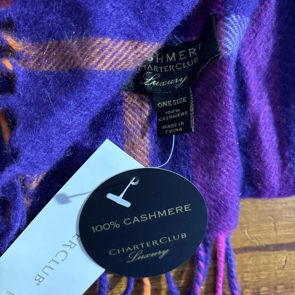 CHARTER CLUB Lujo 100% Cachemira Bufanda Púrpura Rosa Cuadros Diseñador 63x10 NUEVO Foto 3 de 4