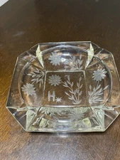 Vintage Glass Cigar Ashtray Heavy Cut Glass with H Monogram, Star & Floral