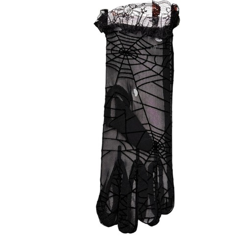 Halloween Negro Telaraña Encaje Ribete Malla Guantes Cortos Disfraz Accesorio NUEVO - Imagen 2 de 5