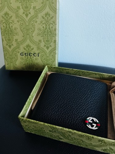 Gucci Black Leather Bi-Fold Wallet With Double G Logo Green And Red