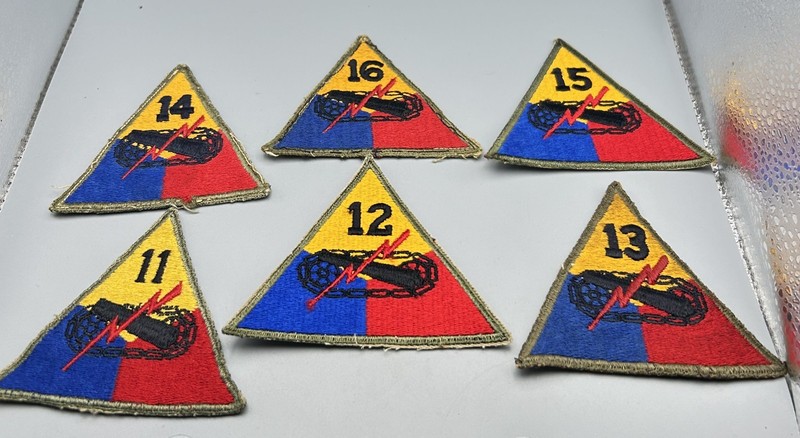 WWII 11th, 12th, 13th, 14th, 15th & 16th Armored Division Patches Lot - NO GLOW