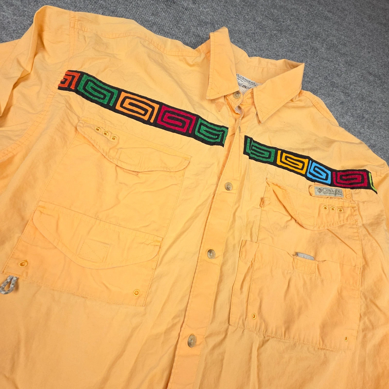 Vintage Columbia PFG Fishing Shirt Men's XXL Yellow Abstract 90's *ALTERED READ*