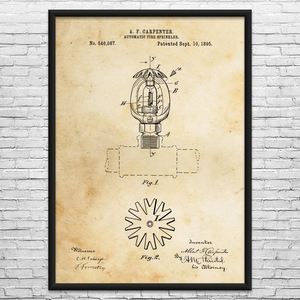 Automatic Fire Sprinkler Patent Wall Art: Fire Prevention, Safety Inspector