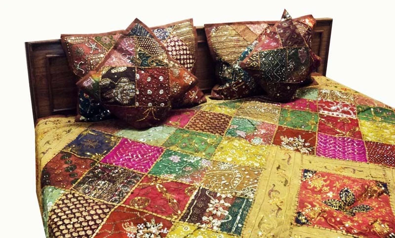 5 PC HAND EMBROIDERED DÉCOR BEADED SARI THROW COVERLET BEDSPREAD QUILT BLANKET - Image 3 of 4