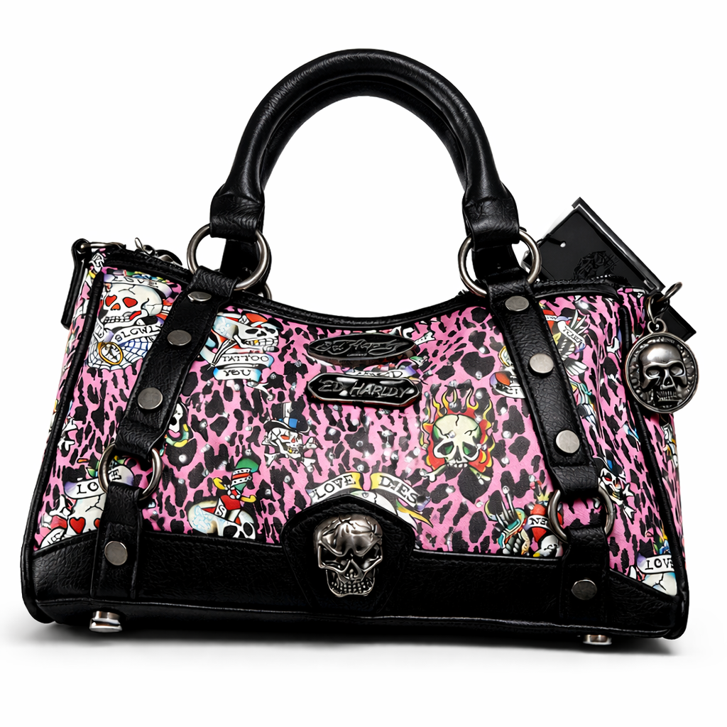 NWT Ed Hardy Pink Leopard Tattoo Skull Rhinestone Satchel Y2K